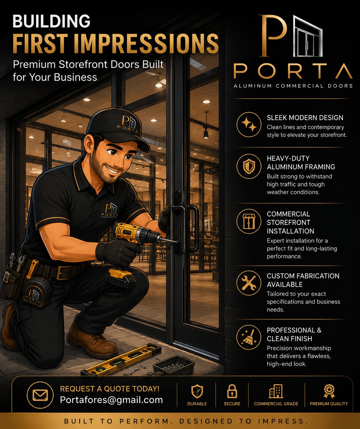 Porta promotional flyer: Building First Impressions, premium storefront doors built for your business
