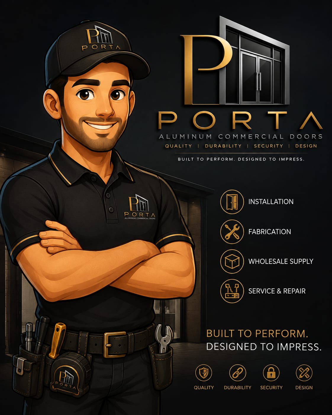 Porta Aluminum Commercial Doors promotional flyer listing installation, fabrication, wholesale supply and service and repair