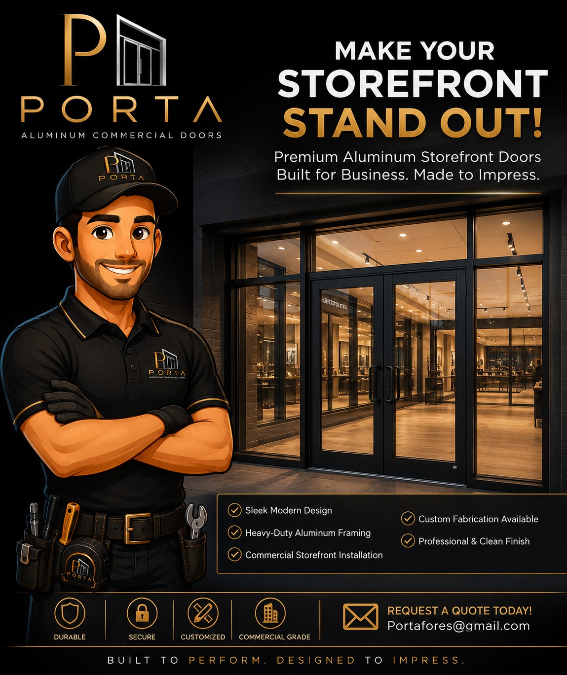 Porta promotional flyer: Make Your Storefront Stand Out, premium aluminum storefront doors