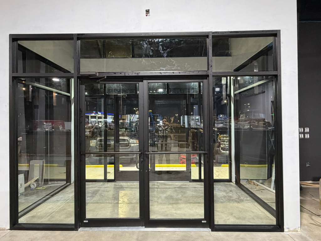 Full storefront glass wall and double door installation